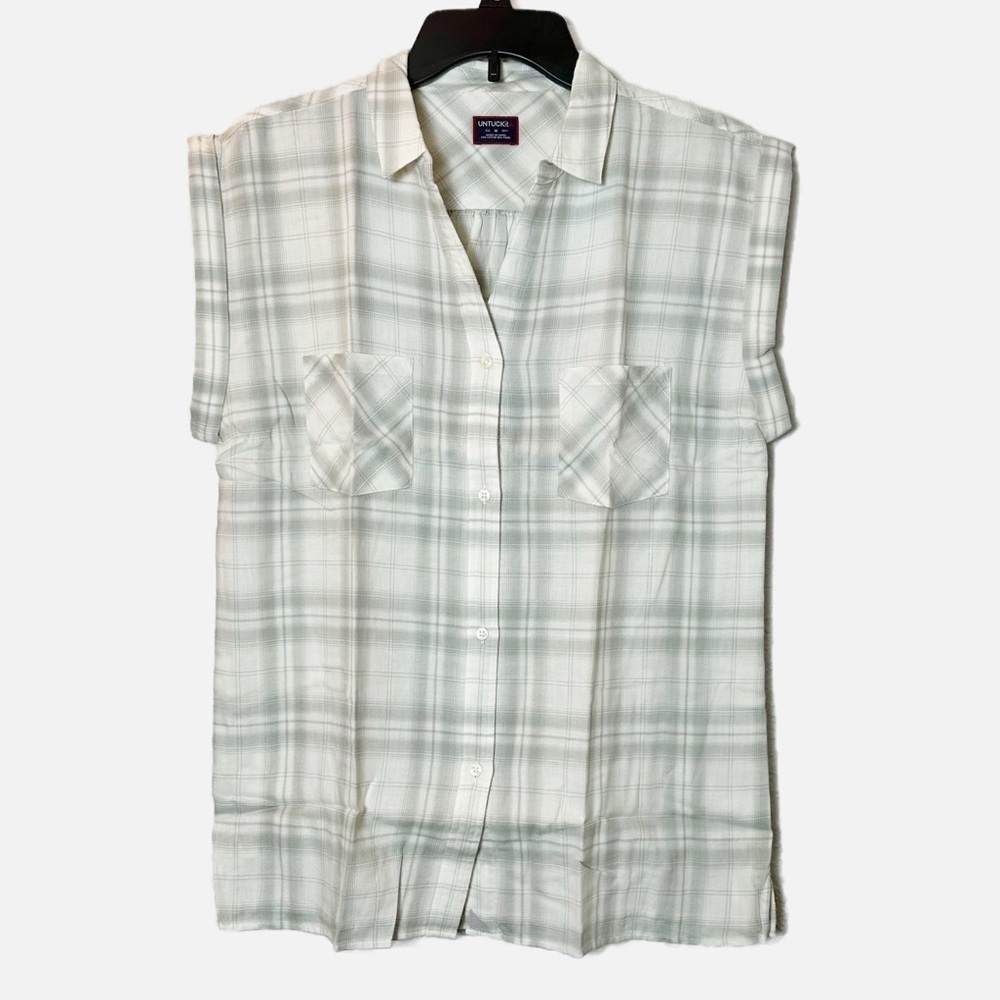 NWT UNTUCKit Women's Villefranche Plaid Cap Sleeve Gray White Shirt